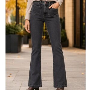 GAP 70s Flare High Rise Jeans Washed Black Front Patch Pocket Womens Size 25 0R